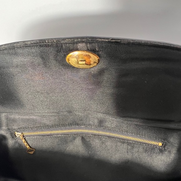 Vintage 1950's Lennox Black Leather Clutch‎ Evening Bag Gold Fleur de Lis Detail - Picture 8 of 10